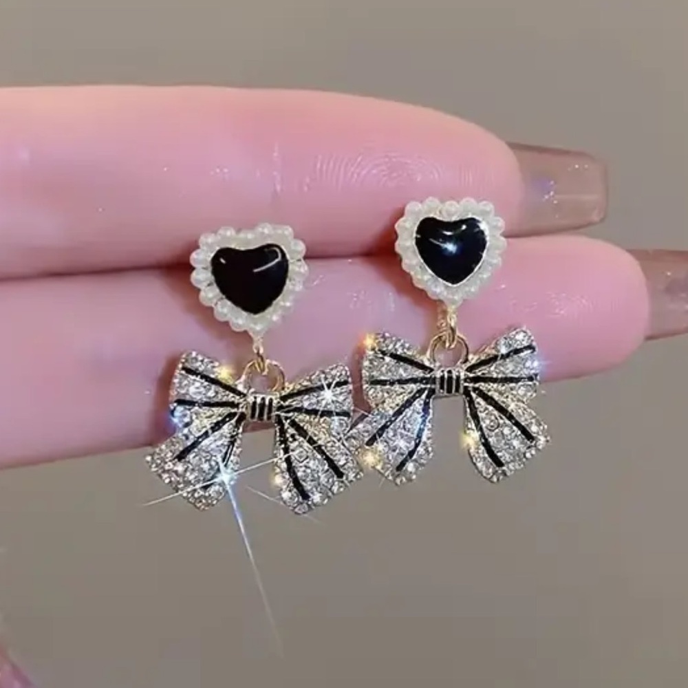 Lucy in black Earrings Bow with CZ crystals on gold  drop dangle earrings